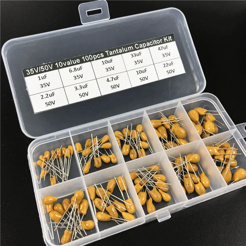 10values 100pcs 35V/50V 1uF 2.2uF 3.3uF 4.7uF 6.8uF 10uF 22uF 33uF 47uF tantalum capacitor assorted kit with storage box