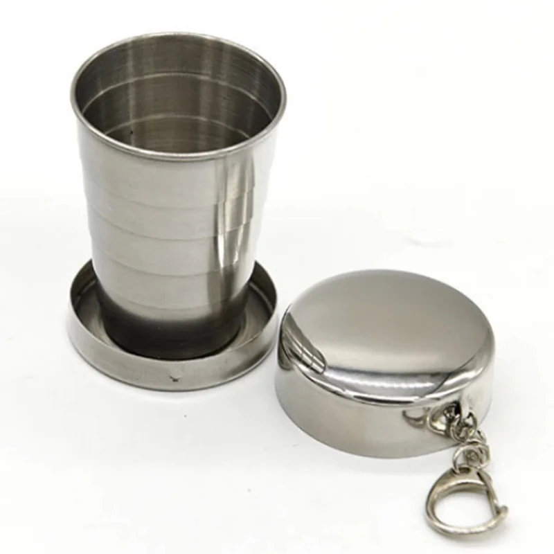 1Pc 75ML Stainless Steel Folding Cup Keychain Stainless Steel Folding Retractable Cup Teacups Teaware Folding Glass 4