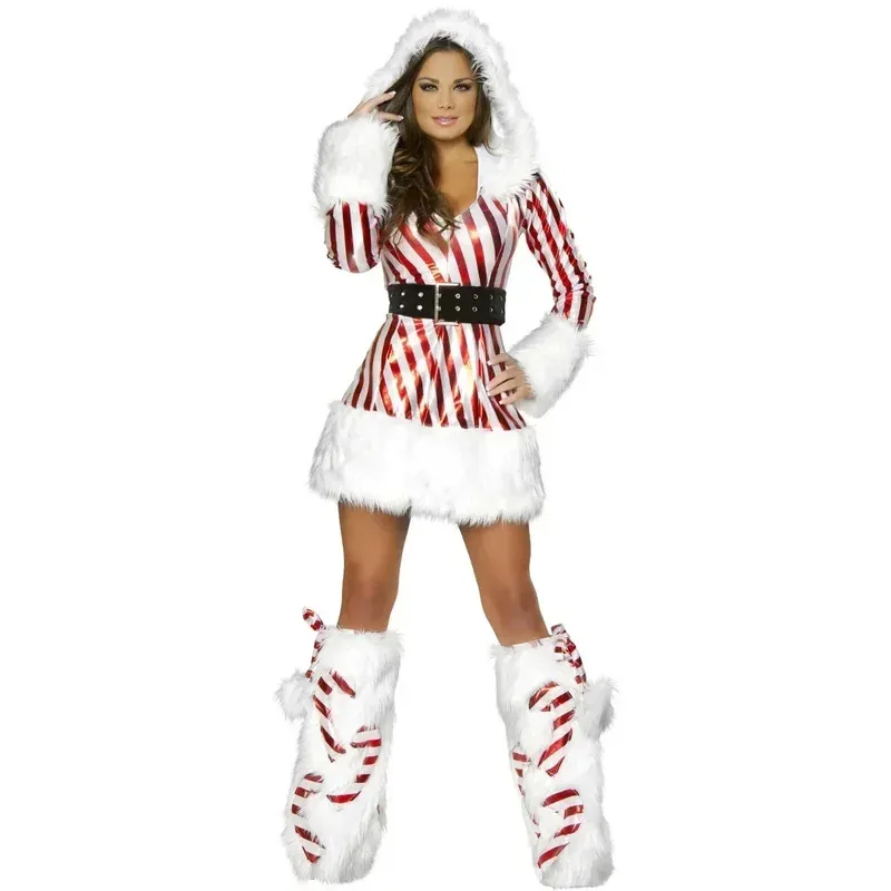 

Deluxe Lady Christmas Dress Hooded Santa Clause Cosplay Costume Suit For Adult Women Sexy Striped Velvet Xmas Fancy Party Dress