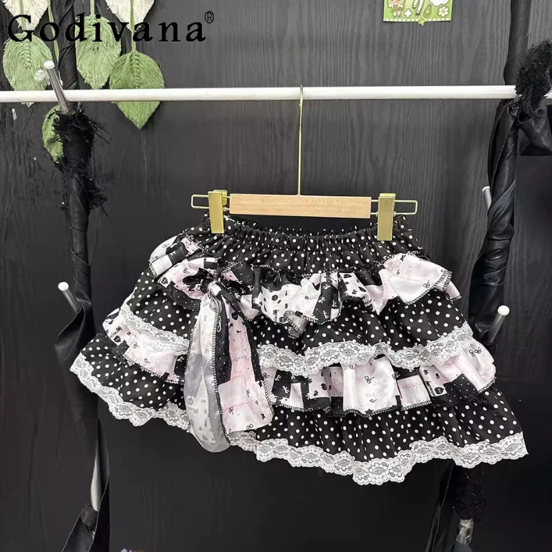 

Girls Cute Punk Mini Skirt Japanese Lolita Style Princess Sweet Mini Skirt Women Kawaii Bow Print Ruffles Cake Short Skirt