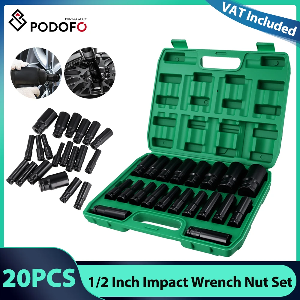 Podofo 20 pièces 1/2 pouces jeu de douilles d'entraînement 6 points conception hexagonale jeu de douilles à percussion clé à chocs jeu de clés à écrou douille à percussion 8-32mm