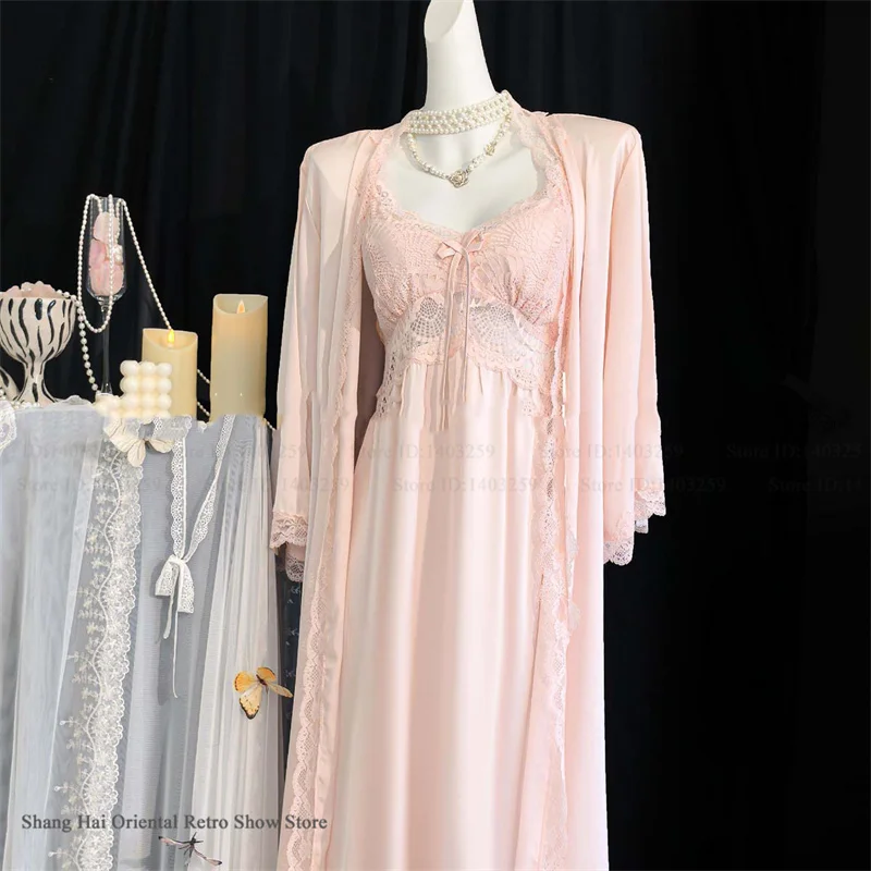 Elegant Female Long Robe Nightgown Sleepwear Set Sexy Hollow Out Lace Nightdress Mujer Lingerie Summer New Homewear Loungewear 4