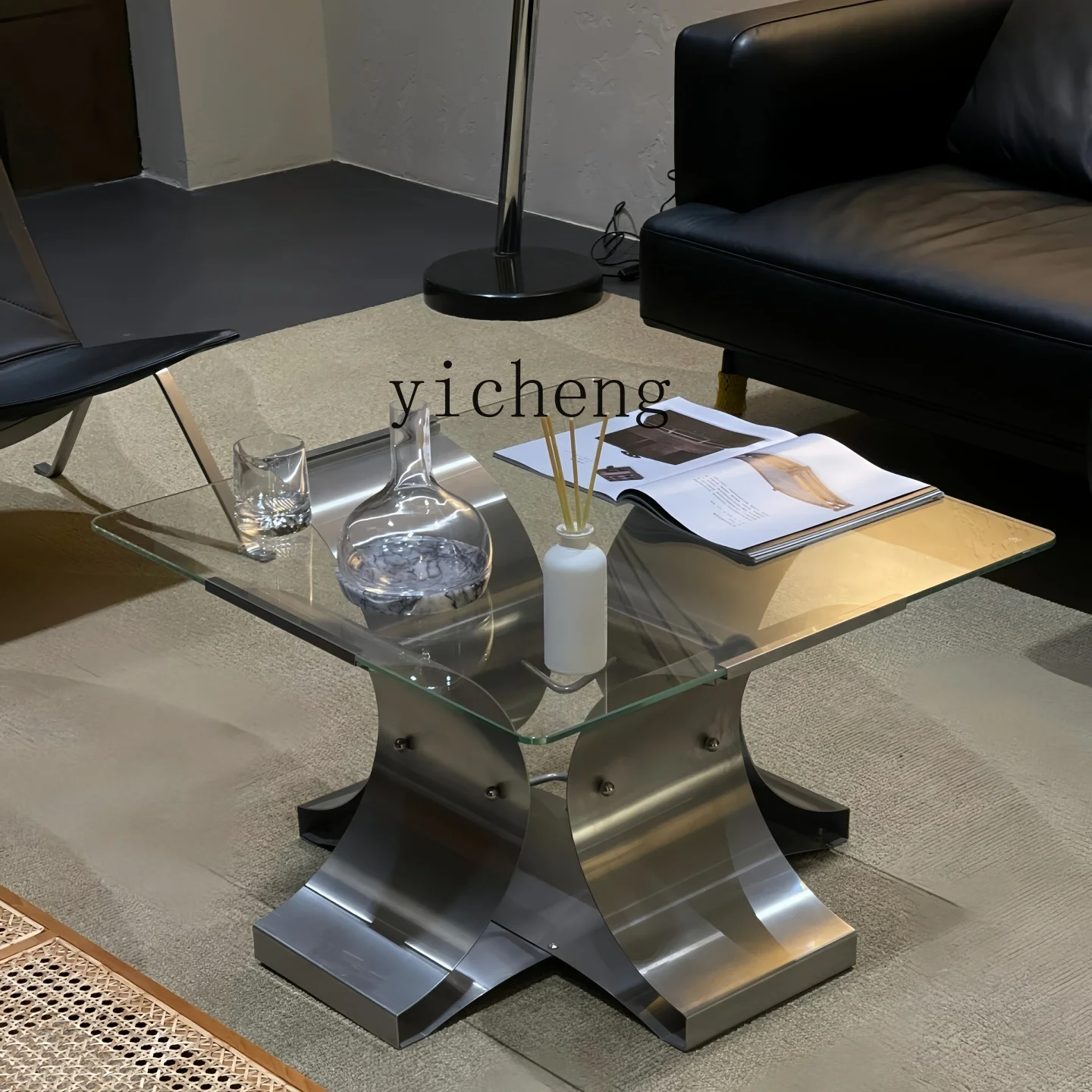 

FY Stainless Steel Glass Coffee Table Metal Square Living Room Home Office