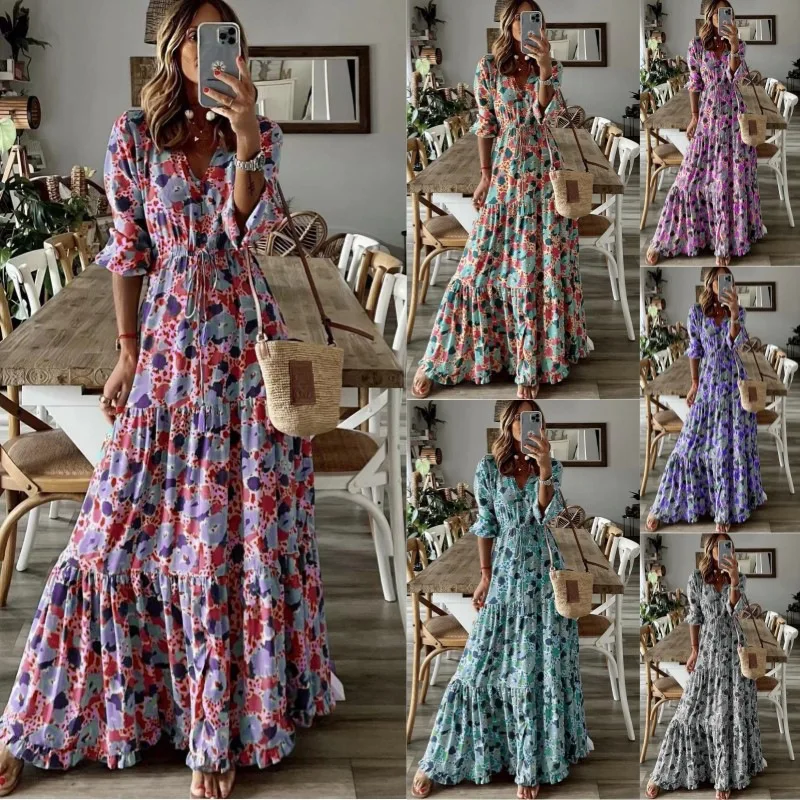 

SKMY 2024 Summer New Vacation Outfits For Women Sexy Clubwear Party Dresses V-Neck Fashion Printed A-Line Long Dresses