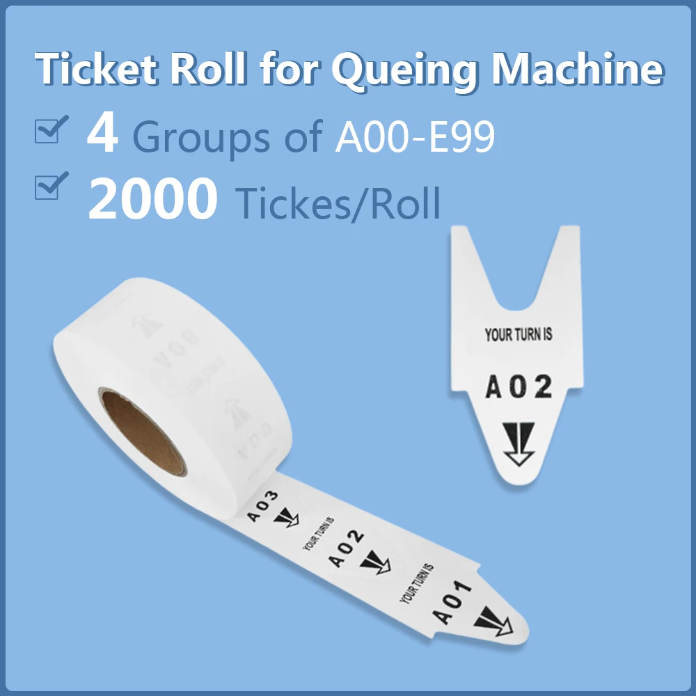 Queue Turno Matic Take A Number Machine Ticket Paper Roll with 4 Groups Number A00-E99 for Restaurant Fast Food Hospital