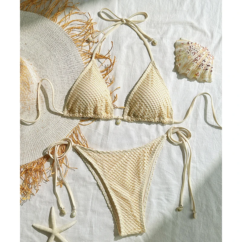

New Women Sexy Mesh Shell Halter Bikini Set Solid Color Two Piece Swimsuit Fashion Beachwear for Summer Beach Holiday Vacation