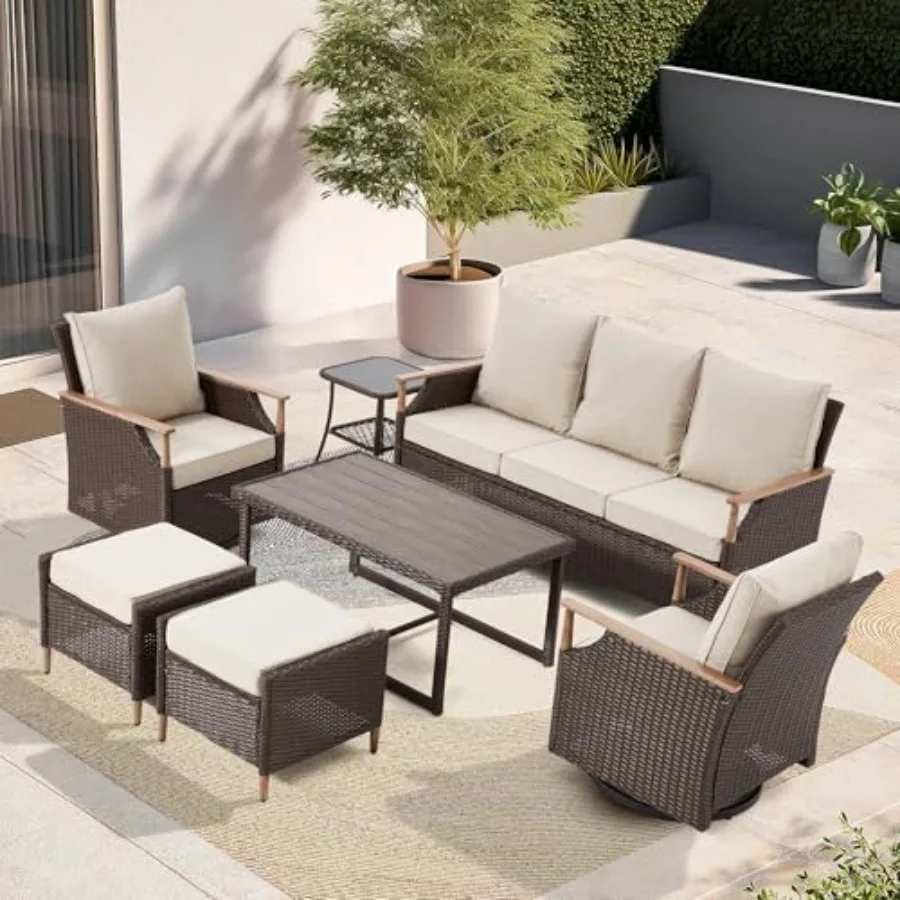 

7 Piece Patio Furniture Set Wicker Patio Conversation Set Rocking Bistro Set with 3 Seater Sofa, Coffee Table, Tempered Glass S