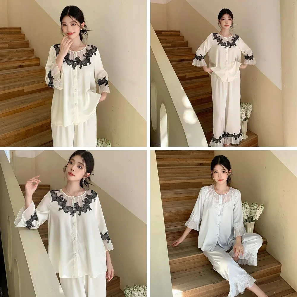 French Style Luxury Ice Silk Sleepwear Set for Women, Summer Lightweight Pajamas Loose Fit Loungewear