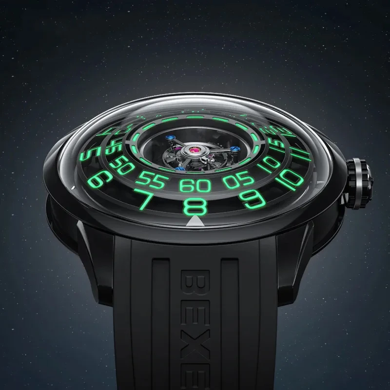 BEXEI Tourbillon mecánico reloj de lujo para hombre centro volador de lujo Tourbillon movimiento Manual reloj de hombre agujero negro hueco 9110