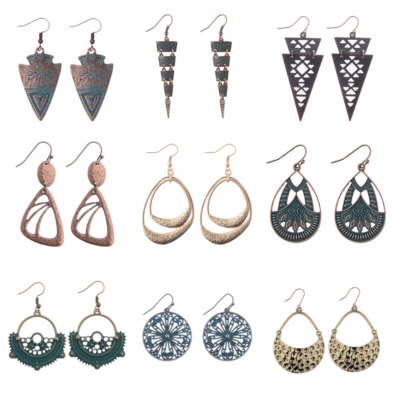

Vintage Geometric Earrings Female Antique Bronze Hollow Statement Metal Art Drop Earrings Charm Hoop Round Dangle Jewelry