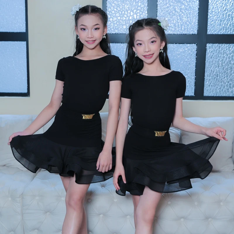 Preto manga curta roupas de dança latina meninas vestidos de competição de dança de salão crianças padrão nacional dancewear sl14027