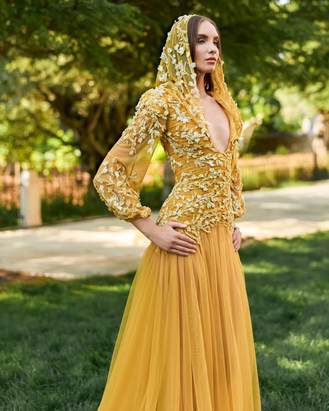 Żółta tiulowa suknia balowa wieczorowa z koronkowymi aplikacjami na koktajl, studniówkę, formalne okazje, suknia ślubna z długim rękawem.