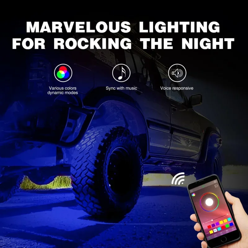 RGB LED Rock Lights Kit, 6 Pods Underglow Multicolor Neon Light Pod with Bluetooth App Control Flashing Music Mode IP68 Exterior