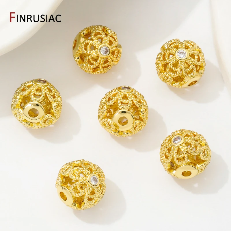 18K Gold Plated Brass 10mm Hollow Spacer Beads,Separators For Beads,Inlaid Zircon Round Beads For DIY Jewelry Making Findings