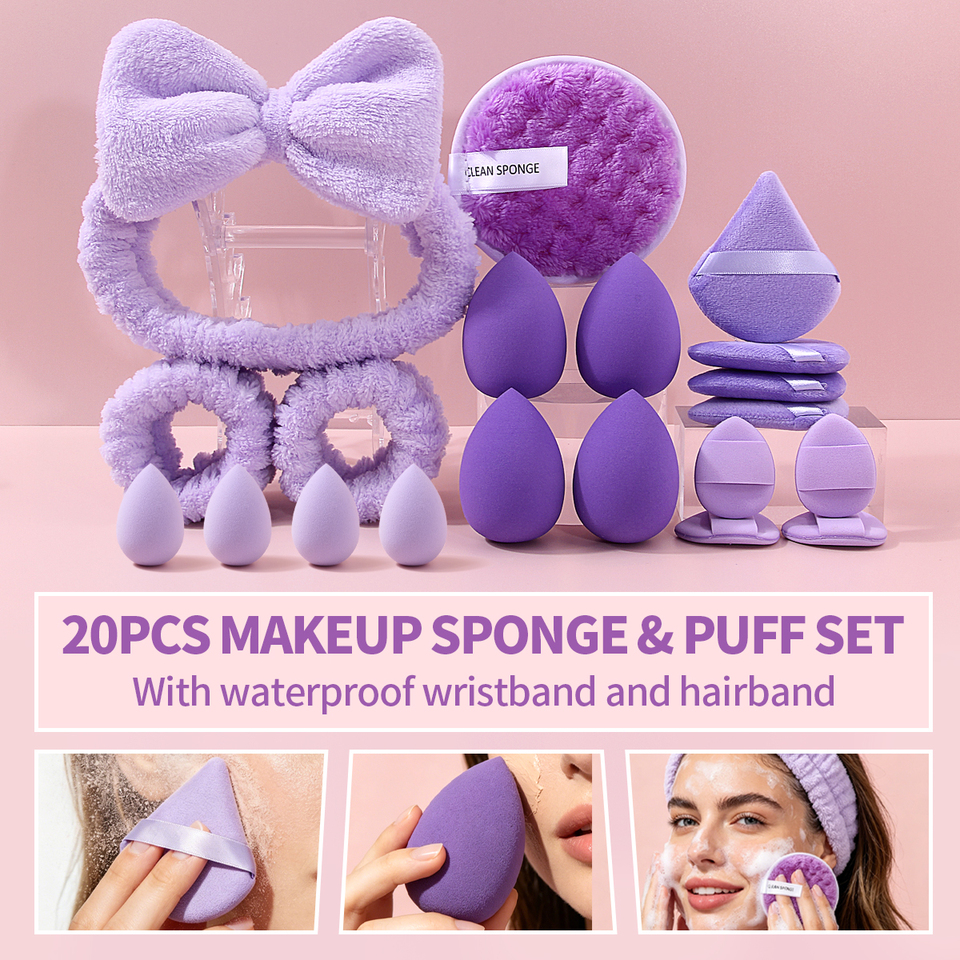  Headband Set. 1 Hair Band & 2 Wrist Bands & 4 Make‑Up Sponges & 8 Mini puff & 4 Triangular Powder Puff & 1 Makeup Remover Puff 