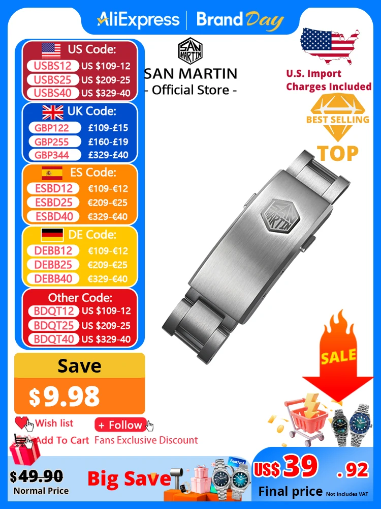 

San Martin New Fly Регулируемая застежка Детали для часов Браслет Застежка для 16 мм Укороченная модель Пряжка Складная застежка Неуниверсальная