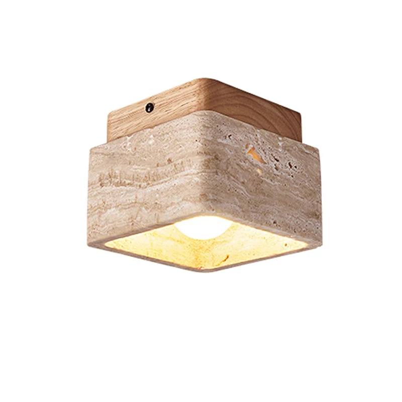 Kwadratowa lampa sufitowa z travertynu do korytarza, przedpokoju, na balkon, do salonu, wykwintna lampa dekoracyjna z kamienia w stylu wabi sabi. — 2