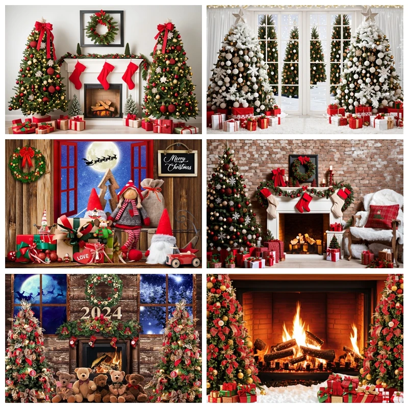 

Christmas Backdrop Photography Winter Fireplace Fire Xms Tree Window Gift Room Decor Festival Party Background Photo Studio Prop