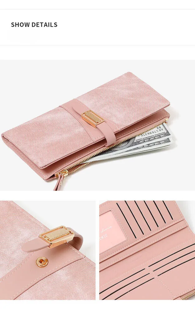 Dompet Panjang Modis untuk Wanita Dompet Lipat Dua Kulit PU Tempat Kartu Kredit Tas Ponsel Wanita Gesper Dua Kali Lipat Hadiah Tas Tangan Genggam