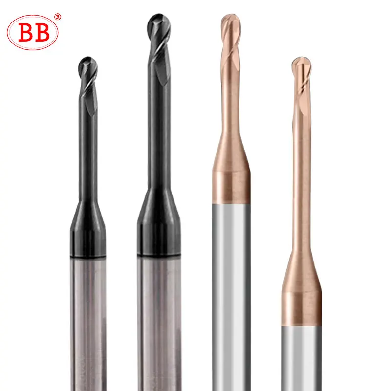 BB-Micro Ball End Mill, Long Neck, Carbide, CNC, Mini Rib pequena, Deep Machining Cutter, R0.1, R0.75, R1.5, Ferramenta para Aço Metal