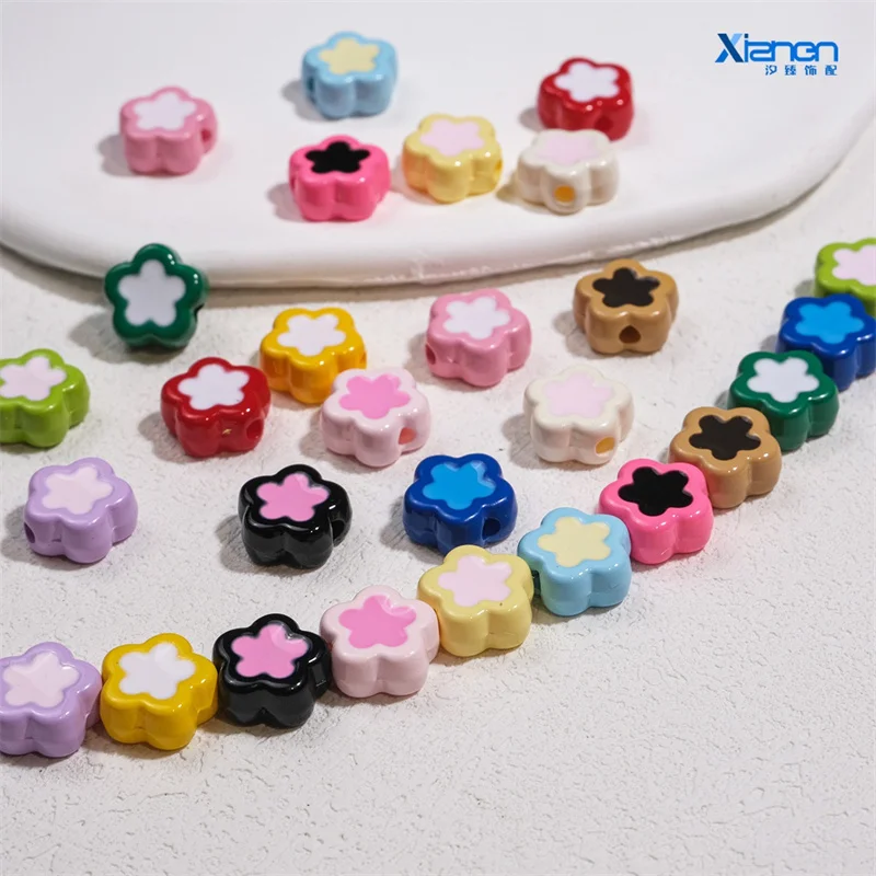 무료 배송 100 개/몫 컬러 드롭 오일 만화 꽃 모양 아크릴 스트레이트 홀 비즈 diy 쥬얼리 의류 액세서리