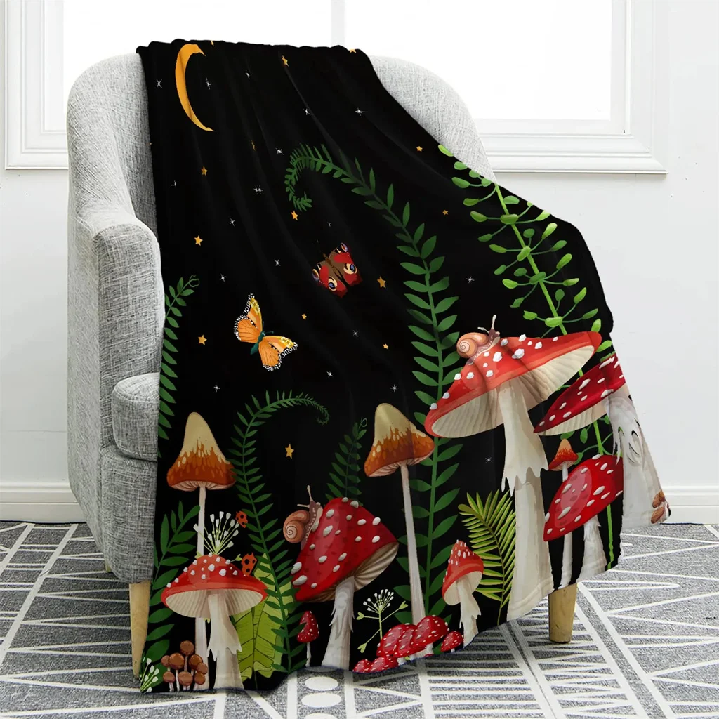 Mushroom Blanket Colorful Butterfly Moon Star Black Print Throw Blanket Mushroom Decor Warm for Home Living Room Sofa Office