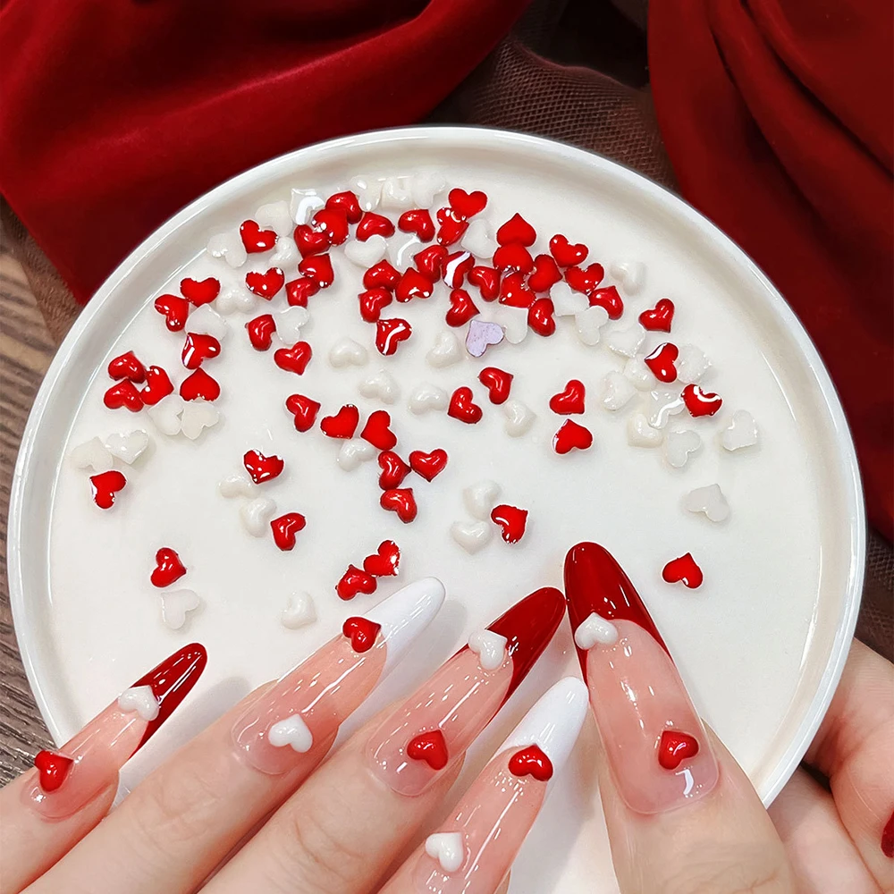 200Pcs Red White 3D Mini Love-Heart Nail Charms 4*5mm Resin Heart Nails Decorations Valentine Wedding Dating DIY Manicure Parts