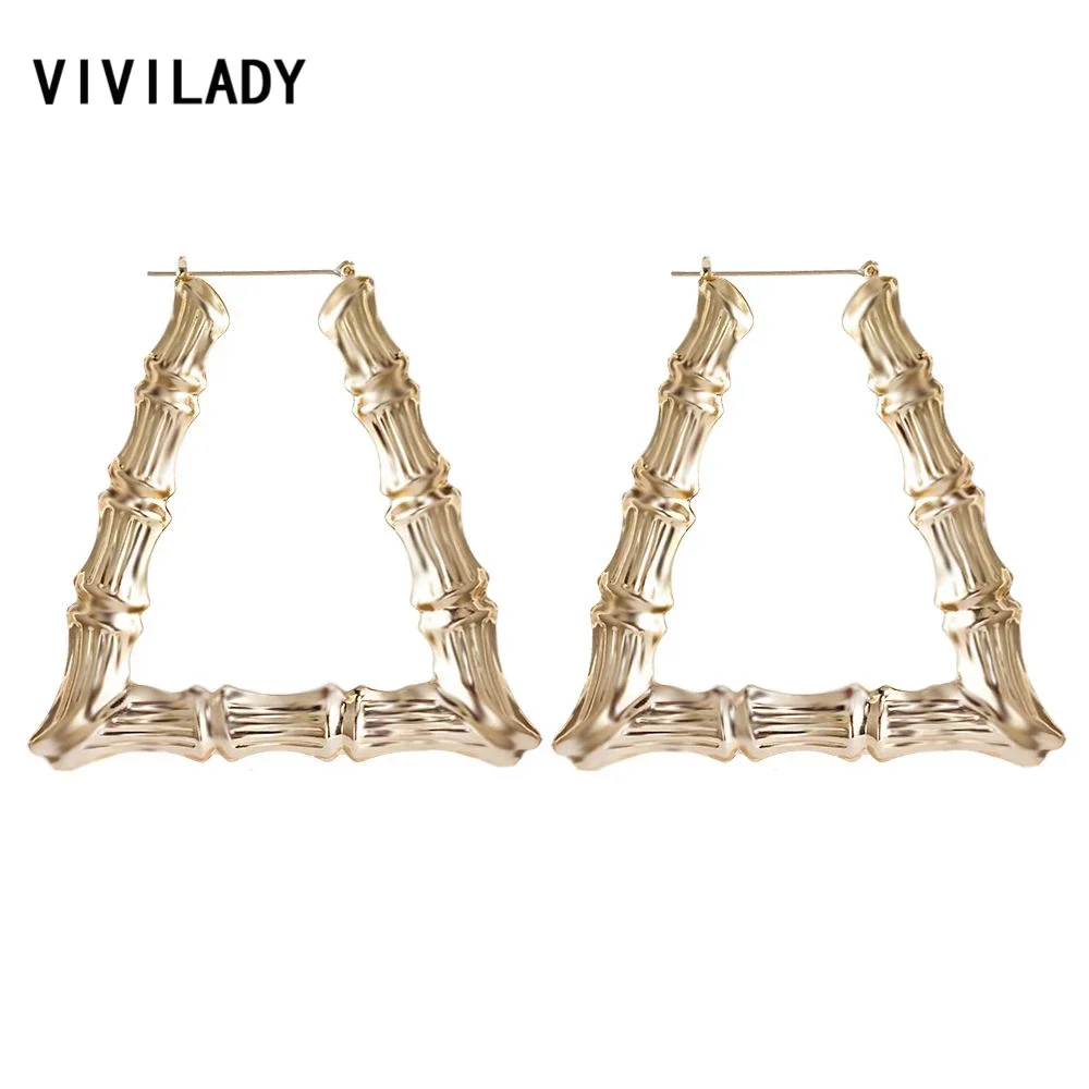 VIVILADY Punk Big Bamboo Triangular Trapezoid Hoop Earrings Women Gold Color Basketball Wives Brincos Boho Jewelry Party Gift