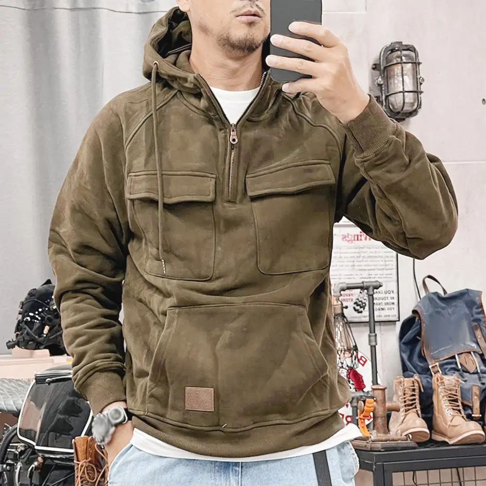 Men Urban Style Pullover Hoodie Men Casual Hoodie Men's Sporty Half Zip Hoodie with Big Patch Pocket Drawstring Solid for Fall