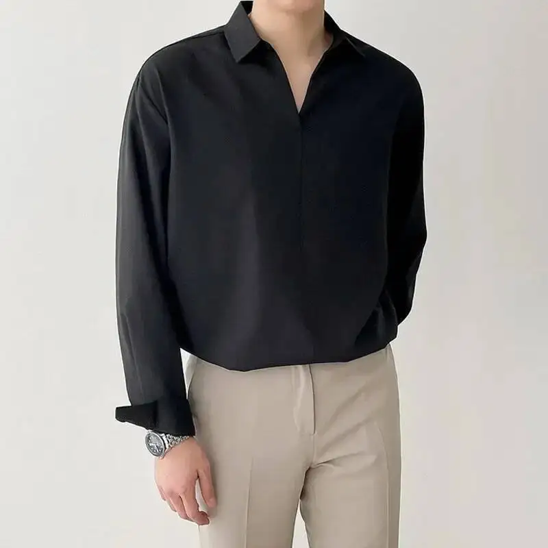 Loose Pullover V-Neck Long-Sleeved For Men Korean Version Of The Trend Plankton Handsome Silky Sag Shirt Autumn
