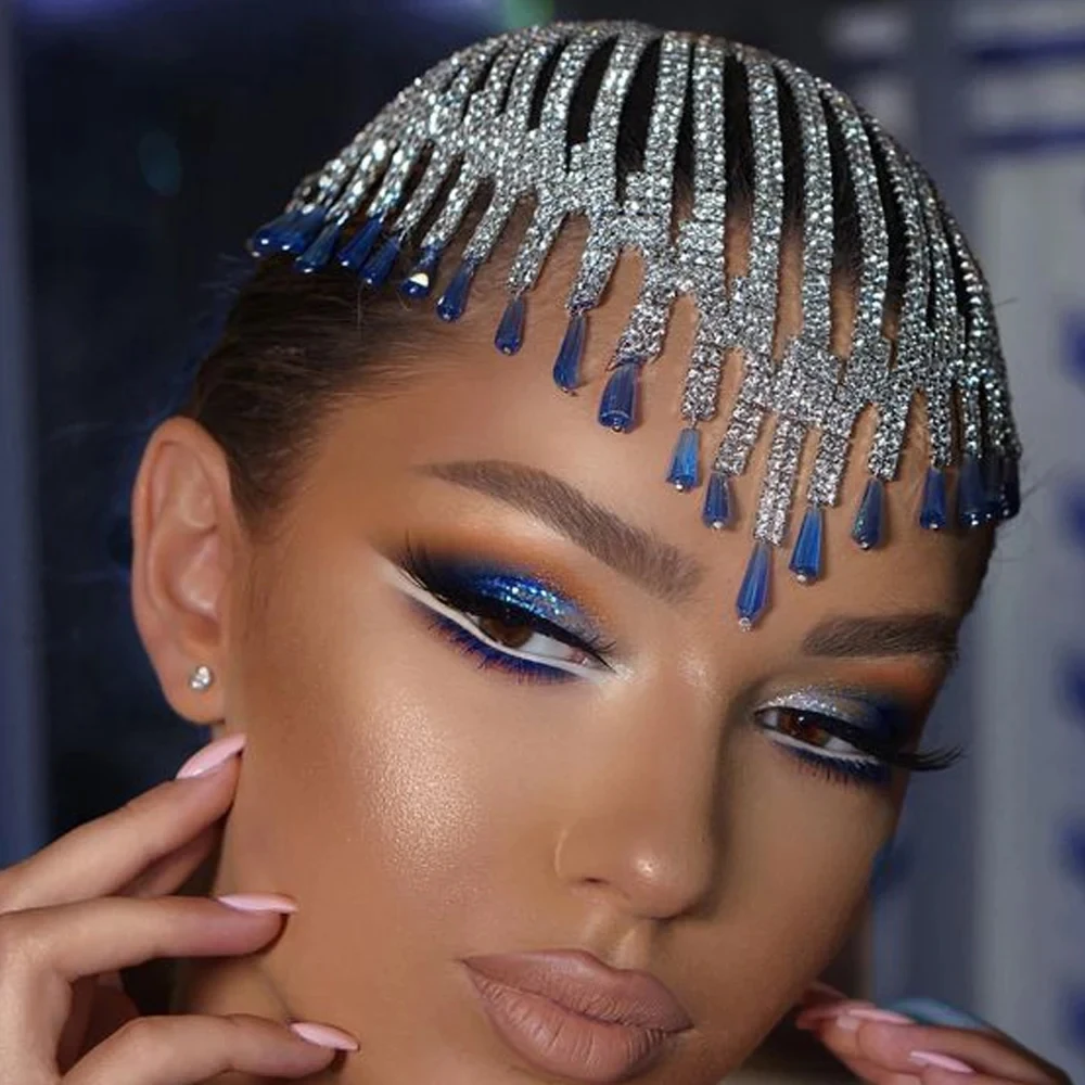 Stonefans Blue Pendant Flapper Hat Headwear Tassel Forehead for Women Boho Cap Multirow Shiny Rhinestone Hair Chain Wig Jewelry
