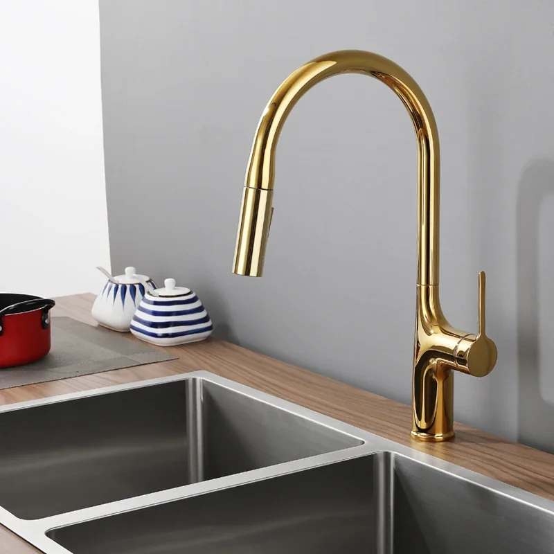 Gold Kitchen Faucets  Pull Out Rotation Waterfall Stream Sprayer Head Sink Mixer Brushed Nickle Water Tap