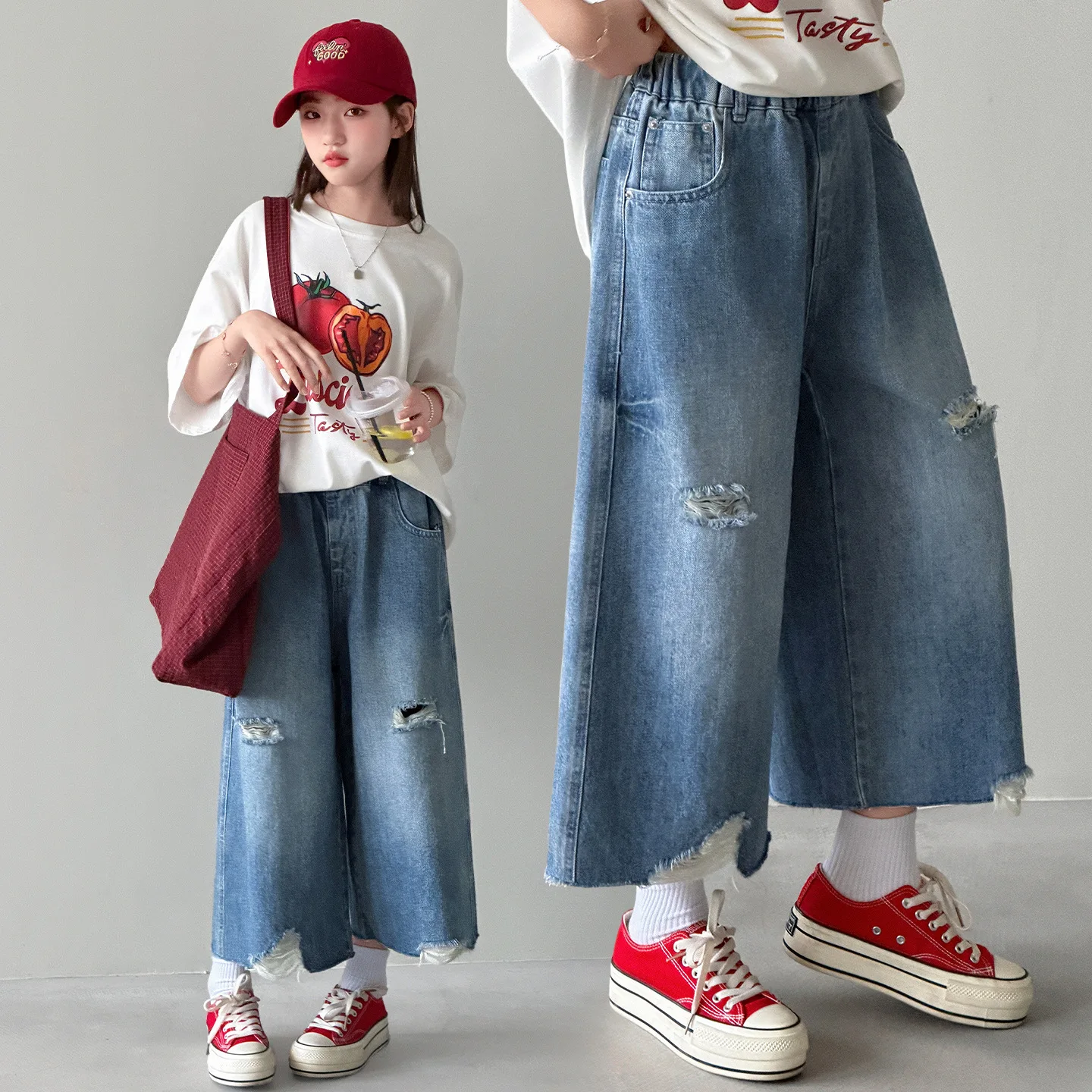 Mädchen Sommer Coole Loose-Fit Denim-Shorts mit Rissen Teenager Kinder Oberbekleidung Neuer 2026er Stil Kinder Acht-Punkte-Hosen