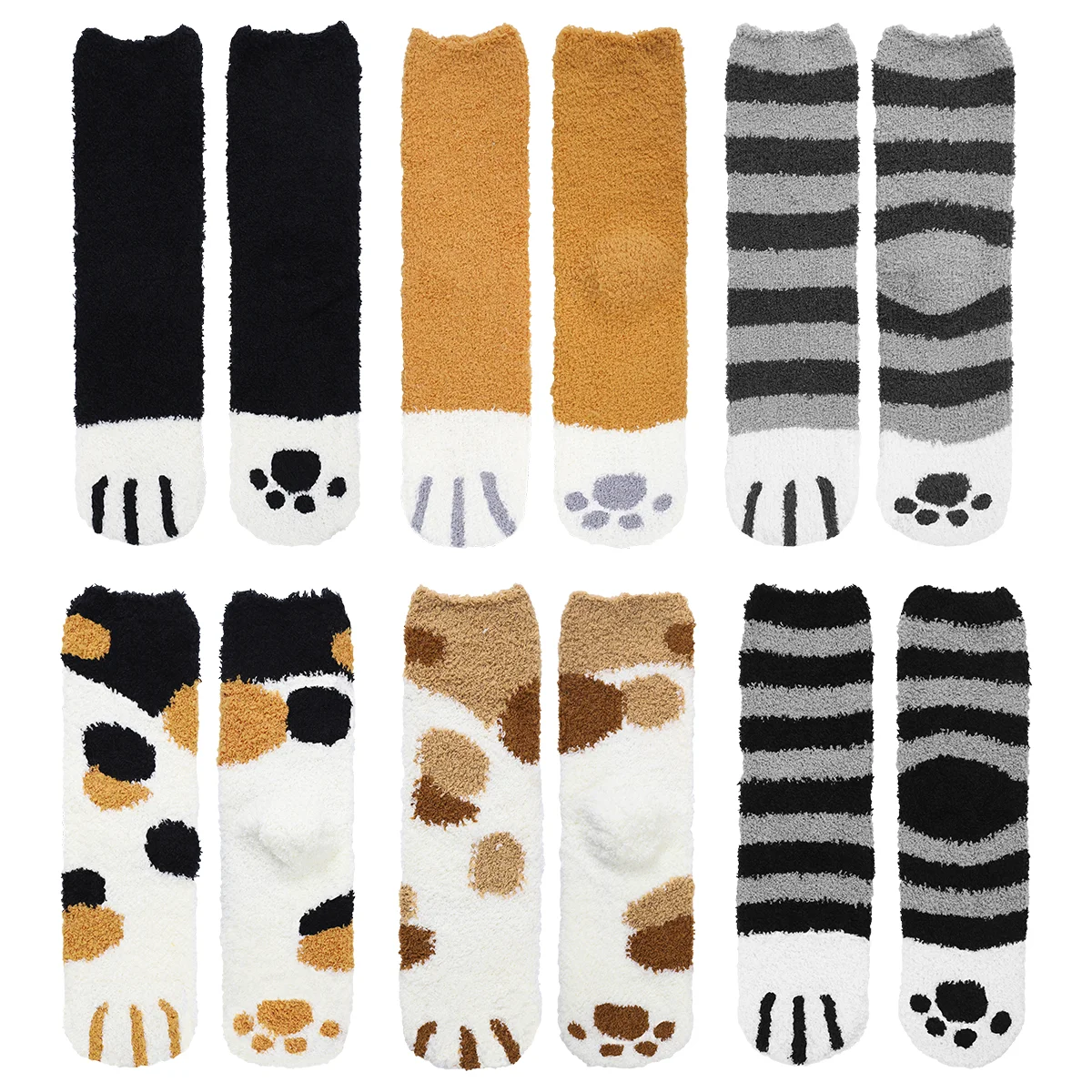 

TENDYCOCO 6 Pair Thicken Coral Fleece Middle Tube Cat's Claws Pattern Socks Warm Floor Socks Fluffy Sleep Bed Socks (Black,