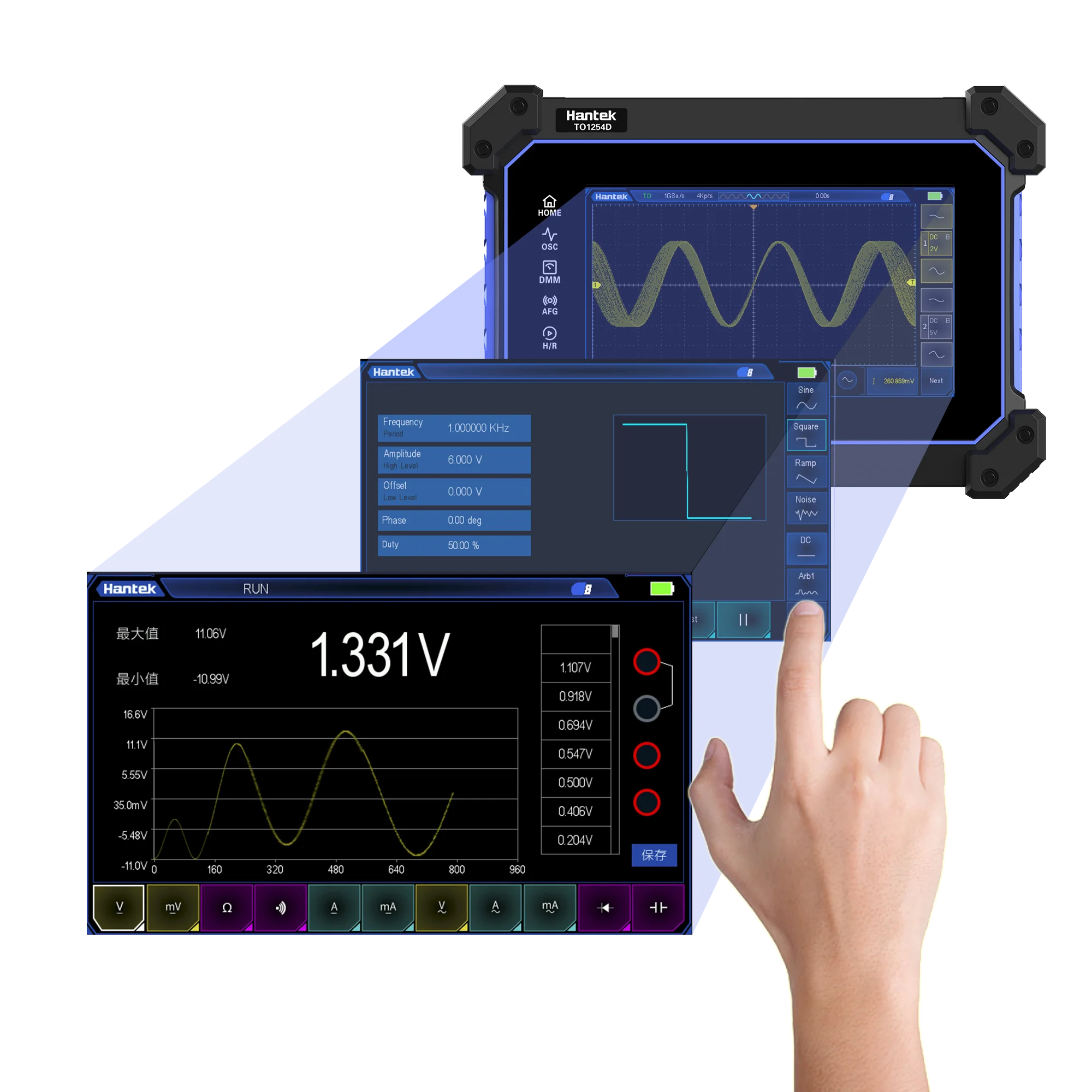 Oscyloskop z ekranem dotykowym Hantek 2CH/4CH Osciloscopio z płaskim panelem 110MHZ-250MHz Max 1GSa/s Oscylograf Źródło sygnału Multimetr