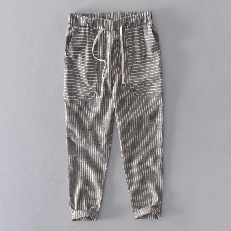 Summer New Brand Casual Pants Quality Men Striped Cotton Linen Breathable Trousers Male Hip Hop Jogger Mens Sweatpants Plus Size