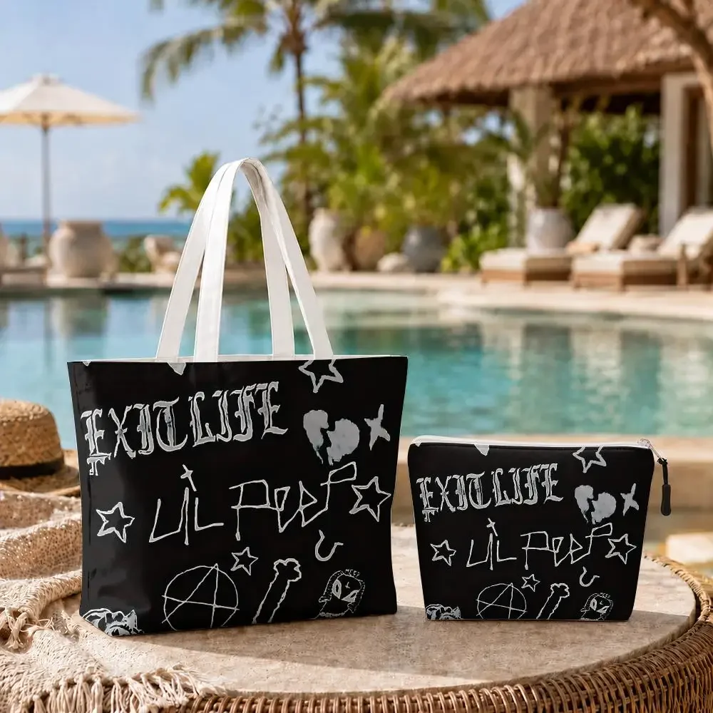 Dark Lil P-Peep Hell Boy Storage Bags 2-Piece Set Double-Sided Printed Canvas Shoulder Tote Bags with Zipper for Shopping