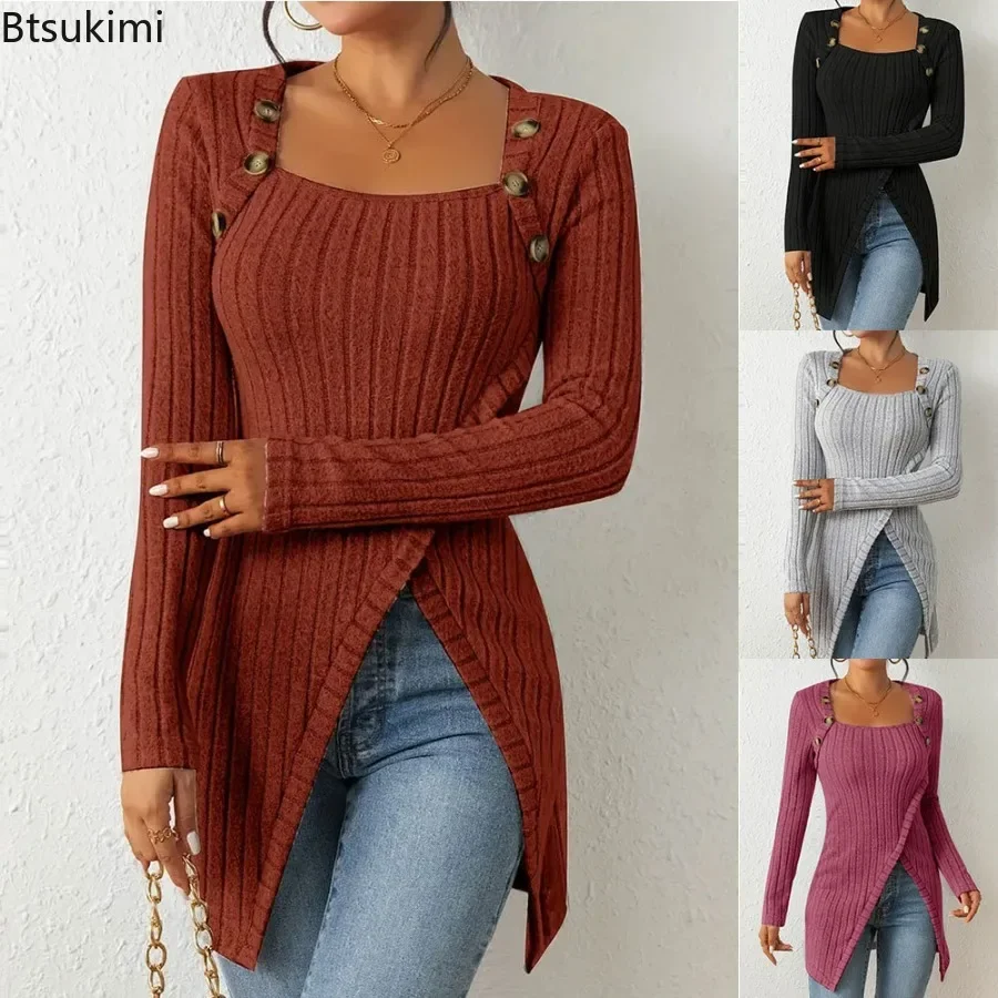 

2024 Women's Fashion Tops Knitted Ribbed Buttons U-neck Long Sleeves High Side Slit Straight Pullover Versatile Casual T-Shirt