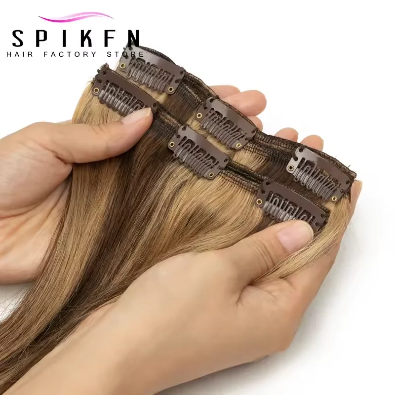 SPIKFN ブラウンブラジリアンマシンレミーストレートクリップ人毛エクステンション全頭 7 ピース/セット 14-24 インチボリュームヘア