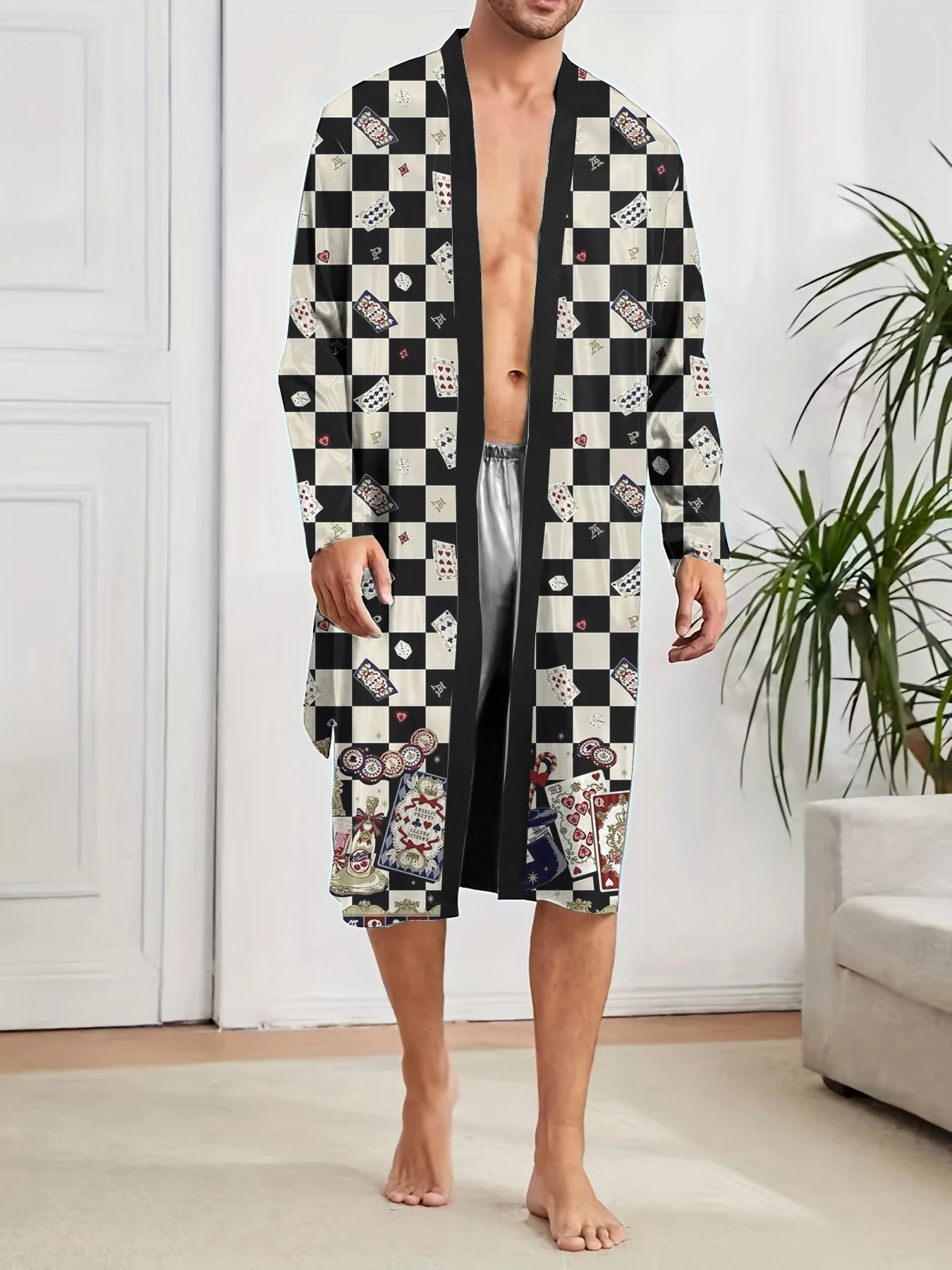 أردية رجالية طويلة مع طباعة رقمية ومنامة ممتعة بأنماط بطاقة الشطرنج عصرية وسريعة الجفاف للترفيه الترفيهي. #4