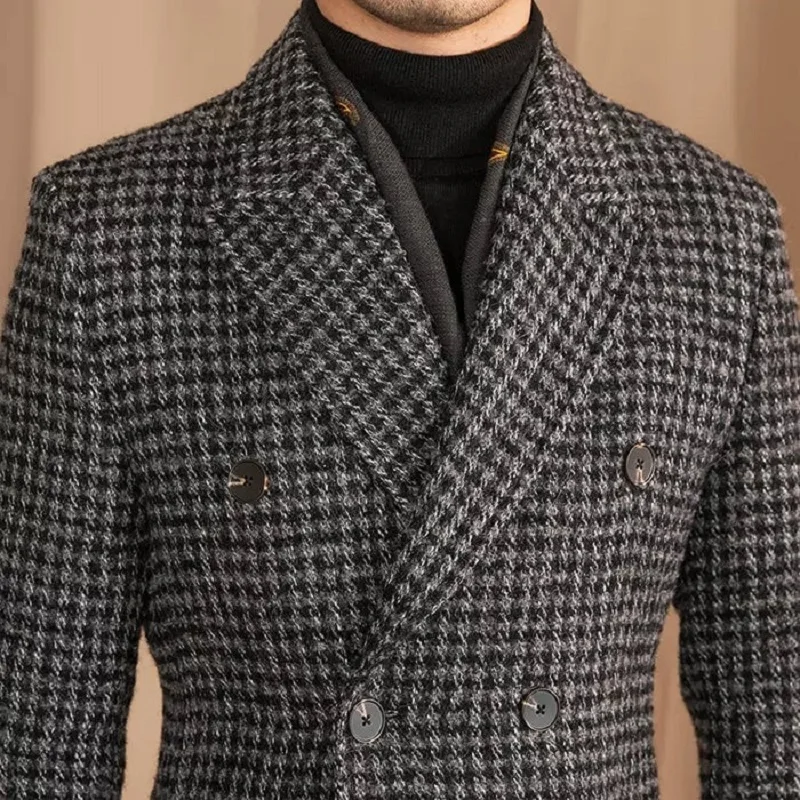 Fashion Line Checked Daily Overcoat Peaked Lapel Double Breasted Back Belt Slim Fit Men Casual Coat Customized Office Wear 1PCS