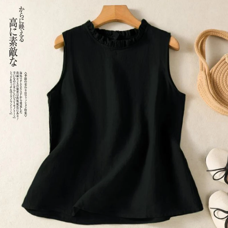 Cotton and Linen T-shirt Women's Summer New Arrival Fashion Retro Chic Elegant All-match Sleeveless Lotus Collar Casual Vest