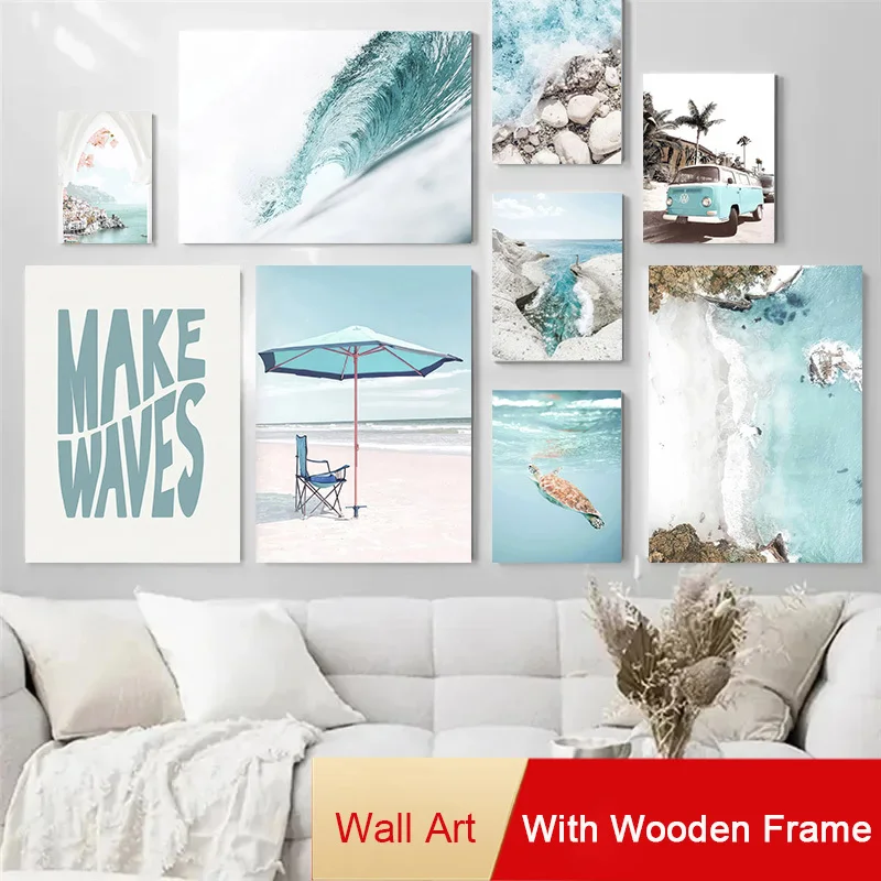 

Summer Beach Waves Posters with Frame Conch Shell Palm Leaf Pigeon Canvas Painting Nordic Room Wall Art Print Picture Home Decor