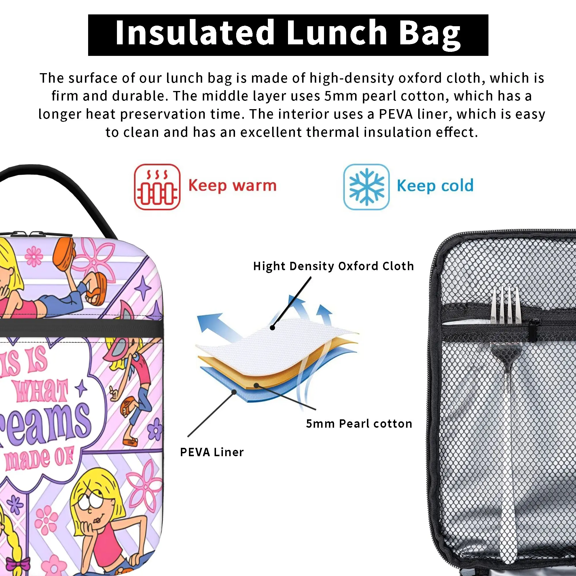 Lizzies Cartoon McGuires Lunchtasche, tragbare, isolierte Lunchbox für Damen, Reisetasche mit Aufdruck, Kühltasche, Retro-Oxford-Thermo-Lunchtaschen – Detail 5