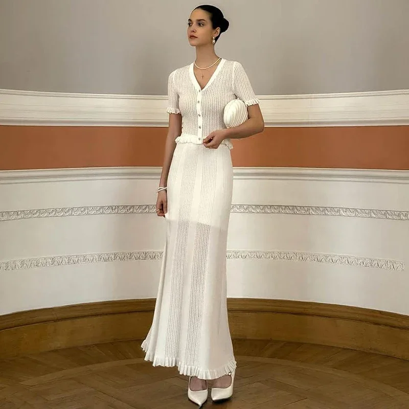 Knitting Hollow Buttons Top High Waist Long Skirt Suit Lady's Short Sleeves V-Neck Top Long Skirt Suit Sexy Beach Suit