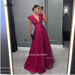 OIMG Fuschia Tulle A Line Long Evening Dresses Saudi Cap Sleeves Elegant Striped Arabic Women Formal Prom Party Gowns Customized