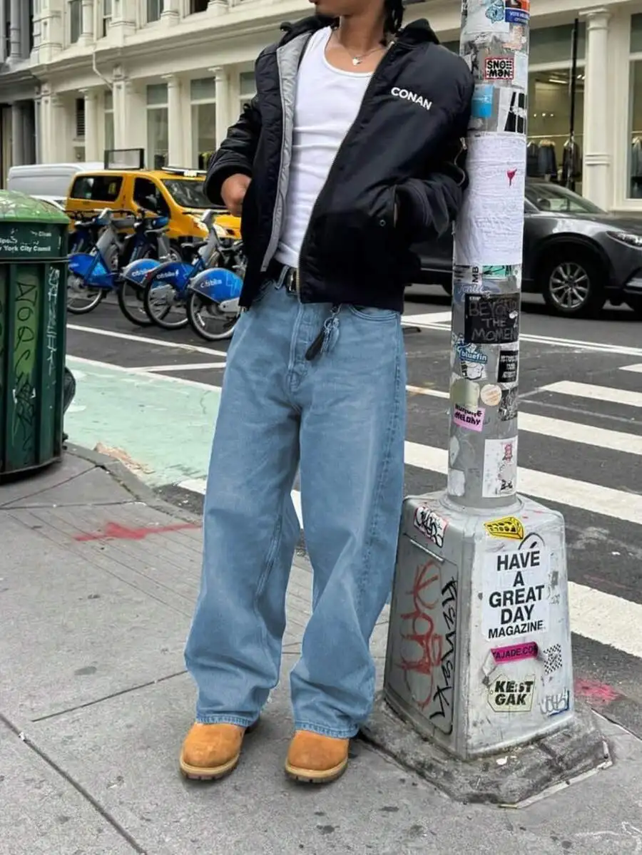 

Mens Light Blue Washed Denim Jeans Loose Straight Leg Retro Streetwear