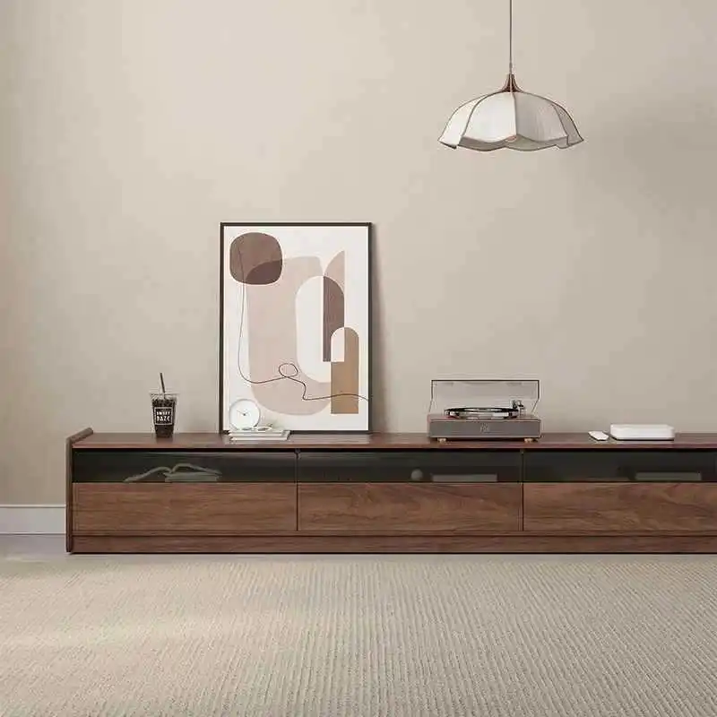 خزانة تلفزيون من خشب الجوز الأسود الاسكندنافي حديثة وبسيطة لغرفة المعيشة من الخشب الصلب والتلفزيون