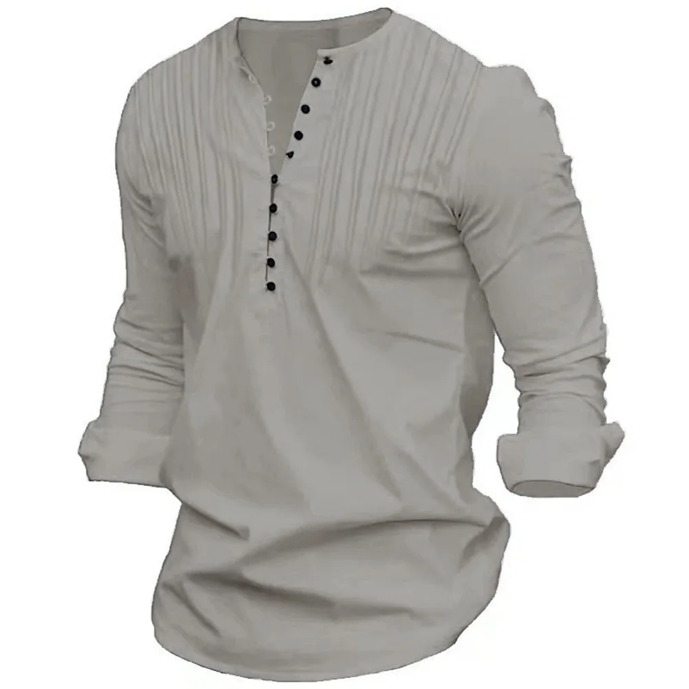 Camisas masculinas casuais de manga comprida com gola respirável de linho de algodão camisa vintage masculina cor sólida