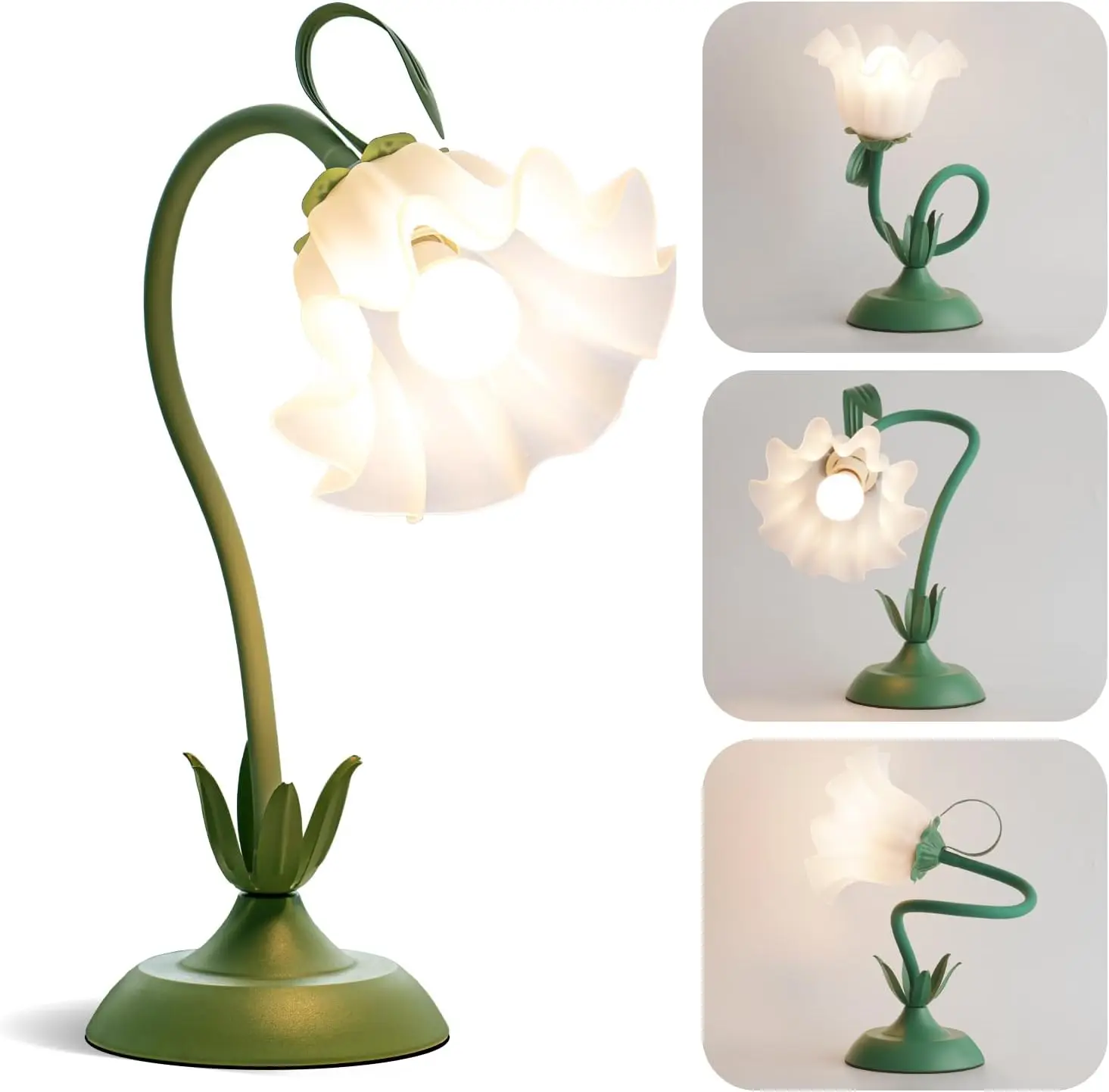 

Vintage Flower Table Lamp, LED Reading Light with 3 Color Modes, Flexible Neck, Bedside Decor, Green